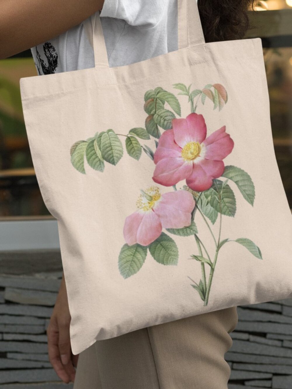 French Rose Vintage Floral Print Graphic Canvas Tote Bag